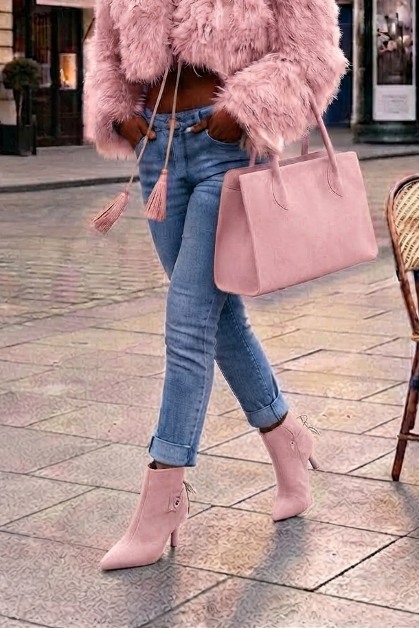 Women's light pink back lace-up ankle boots with pointed toe and high slim heel - Worn view